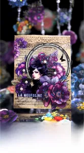 Detail of vintage purple floral PET sticker with portrait illustration and faux pearls