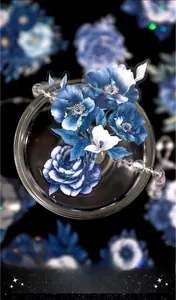Detail of blue PET floral stickers with holographic laser finish for DIY journals