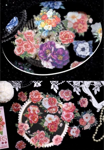 Detailed view of floral PET stickers with laser flash finish for DIY scrapbooking