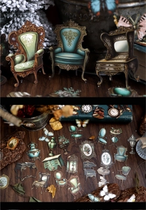 Close-up of vintage European classical furniture style scrapbooking cards and stickers