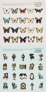Detail of vintage butterfly and European furniture stickers for DIY journaling