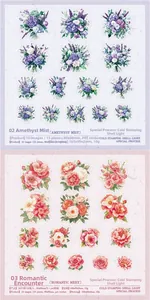 Macro detail of PET floral stickers with iridescent shell light finish and flower patterns