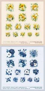 Macro detail of PET floral stickers with iridescent cold foil finish for scrapbooking
