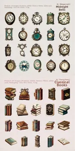 Macro detail of vintage clock and book scrapbooking stickers for journaling DIY on cardstock