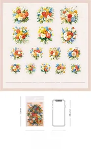 Macro view of 15 floral PET stickers with shell light finish and size comparison