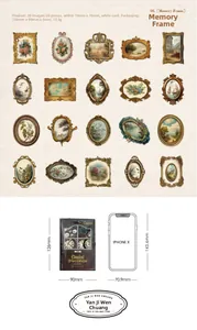 Macro view of 20 vintage oil painting frame stickers for DIY scrapbooking decor
