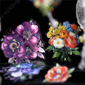 Holographic floral PET stickers with laser finish for DIY scrapbooking and crafts