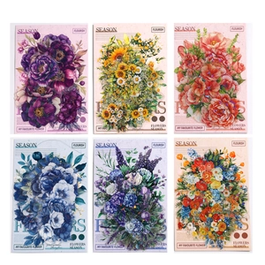 Set of 6 vintage PET floral stickers in diverse colors for DIY scrapbooking and crafts
