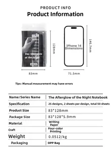Size chart showing 83x128mm scrapbook paper pad dimensions compared to an iPhone