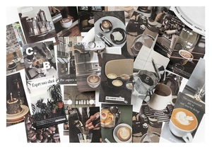 Artistic coffee themed scrapbooking paper set featuring espresso shots and cafe scenes