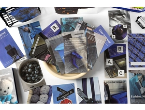 Detail showing blue aesthetic scrapbooking cards with artistic photography and text