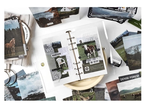 Flat lay of vintage forest themed DIY scrapbook with 6-ring binder and PVC cover