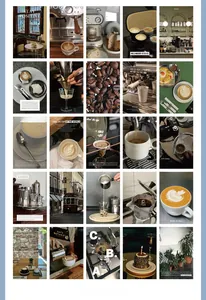Detailed grid view of 25 coffee themed decorative scrapbooking papers and stickers