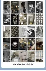 Macro display of 25 vintage aesthetic scrapbooking papers with grey monochrome life scenes