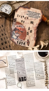 Vista macro di adesivi trasparenti con lettere e numeri in stile vintage per il journaling