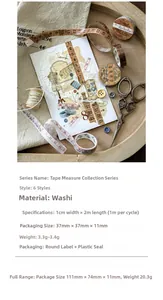 Macro shot of vintage style washi tape roll with measuring tape scale for journal DIY