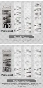Dettaglio di adesivi impermeabili in PET con lettere e numeri per scrapbooking e fai-da-te