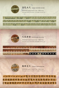Dettaglio del nastro washi vintage stile metro a nastro con motivi a scala e specifiche