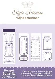 Details von silber geprägten Schmetterlingsaufklebern auf violettem Vintage-Spezialpapier