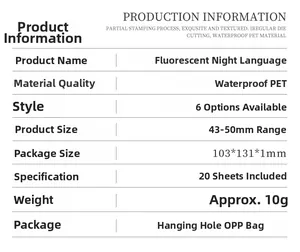 Detailed specifications for PET stickers featuring waterproof material and gold foil details