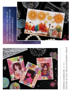 Detail of fireworks-themed scrapbook stickers featuring anime girls and autumn scenery