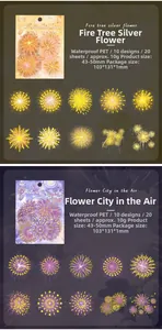 Detail of waterproof PET firework stickers in orange and purple tones for DIY scrapbooking