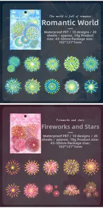 Macro detail of waterproof fireworks PET stickers in blue and pink tones for DIY journals