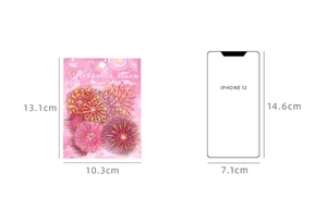 Size comparison of fireworks theme stickers 13.1x10.3cm against iPhone 12 outline