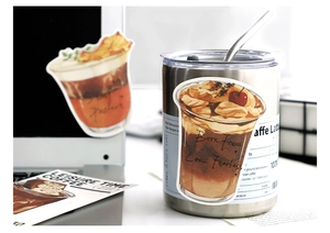 Coffee themed aesthetic stickers shown on a laptop and stainless steel tumbler