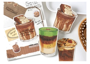 Macro shot of 30 hand-drawn coffee and dessert themed decorative planner stickers
