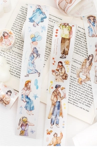 Detail of Japanese washi tape featuring stylish autumn fashion female character illustrations