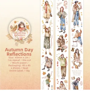 Detailed washi tape pattern showing autumn-themed fashion female illustrations