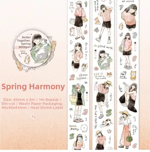 Macro detail of Spring Whispers washi tape featuring watercolor girl and pet illustrations