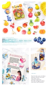 Dettaglio macro degli adesivi Water Spirit Fruit con disegni di frutta realistici e 20 pezzi