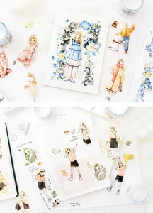 Detail of Japanese hand-drawn washi tape and stickers featuring anime characters and flowers