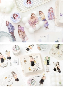 Detail of Japanese hand-drawn girl character stickers and washi tapes for DIY scrapbooking