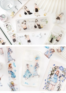 DIY decorative journal stickers featuring watercolor girls and pets for phone case art