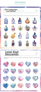 Detalle de pegatinas de PET impermeables con botellas estrelladas e ilustraciones de corazones