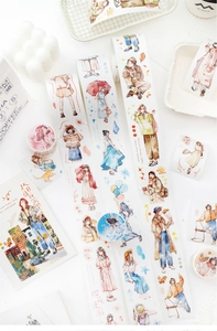 Detailed close-up of Four Seasons Echo series washi tape with watercolor figure stickers