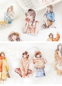 Close-up of watercolor girl character stickers for DIY scrapbooking and planners