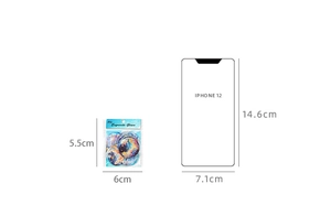Confronto dimensioni di adesivi in vetro da sogno accanto a un iPhone di riferimento