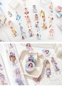 Detailed view of hand-drawn watercolor girl characters on decorative washi tape