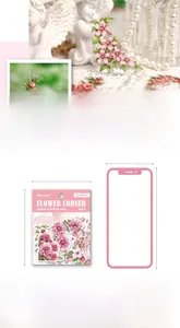 Detail view of pink floral sticker set with size comparison to a smartphone