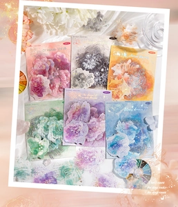 Detailed view of floral watercolor stickers with laser foil on white silk background