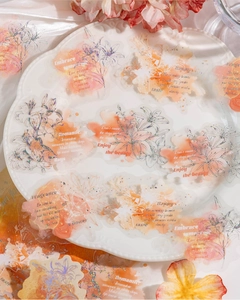 Detail view of PET floral stickers with laser finish and romantic English quotes