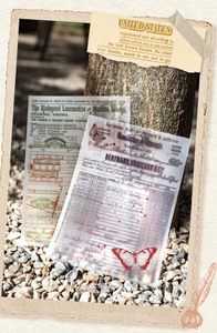 Close-up of vintage manuscript scrapbooking stickers with a translucent texture on a tree