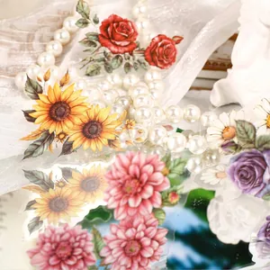 Vintage PET flower stickers featuring watercolor roses and sunflowers for DIY journaling
