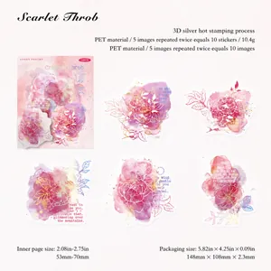 Macro detail of PET floral stickers with 3D silver foil stamping for DIY scrapbooking