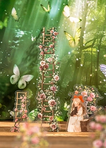 Detail of floral stickers featuring a girl with a black cat and roses on a ladder