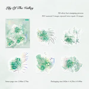 Detail of PET stickers with 3D silver stamping and Lily of the Valley watercolor patterns